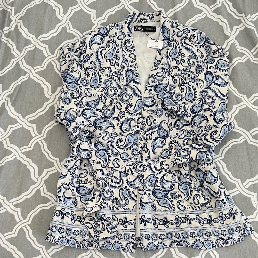 NWT Zara White and Blue Kaftan Kimono Sz M/L
